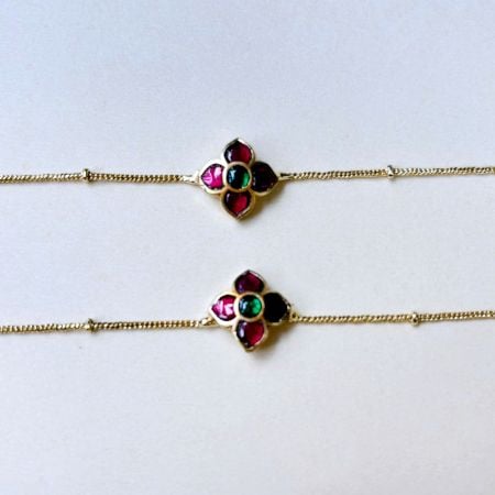Handmade Brass Metal Jewellery Ruby Floral Anklet Pair